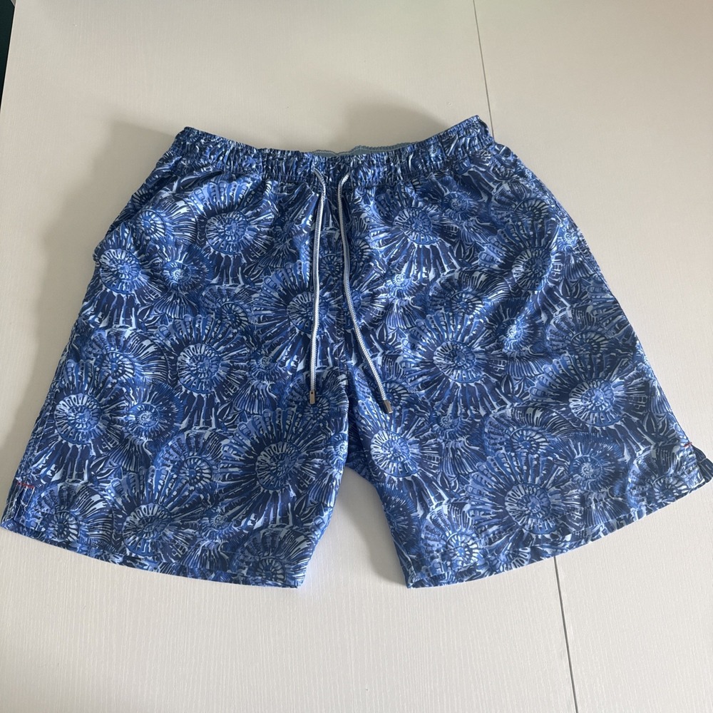 Peter Millar Seaside Mens L Blue Fossil Swim Trunks Lined Stretch